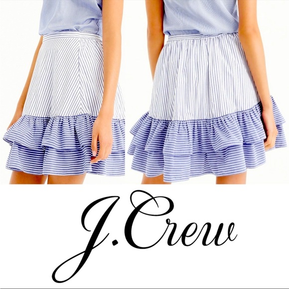 J. Crew Size 0 Blue Cocktail Striped Tiered Ruffle Skirt White Navy Cotton NWOT - Picture 1 of 9